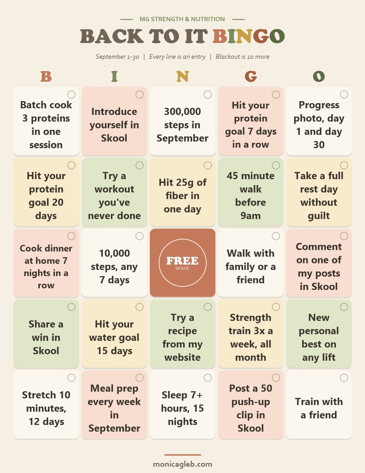 A preview of the Back To It Bingo card: a five by five grid of September habits, with the lower squares faded out. The full card is sent by email.